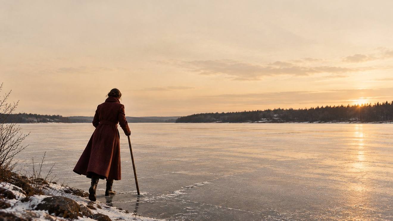 A person in a maroon coat, seen from behind, stepping onto a frozen lake at sunset, holding the wooden pole used to test the ice.